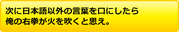 次に日本語以外の言葉を口にしたら俺の右拳が火を吹くと思え。